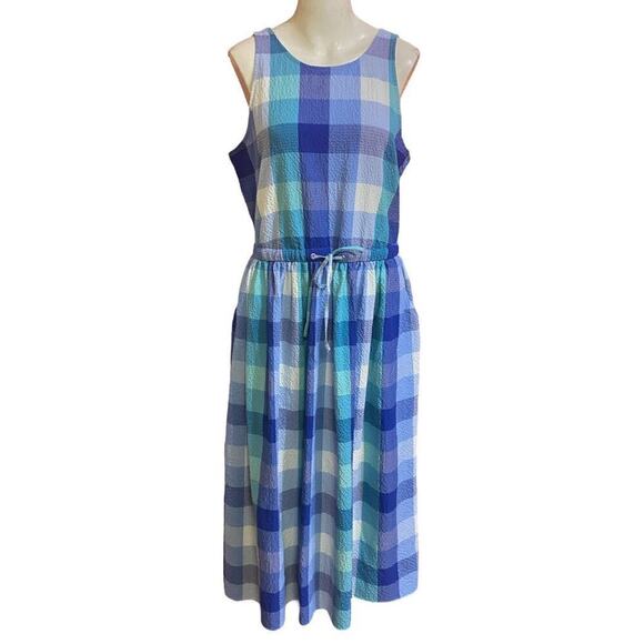 LOFT Blue Plaid Seersucker Midi Dress Size L - Picture 2 of 9